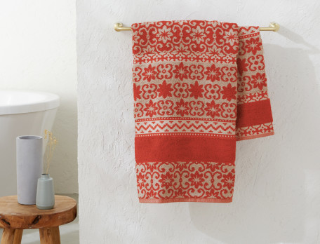 Drap de bain coton jacquard avec motifs beige et rouge Nuit à Vienne