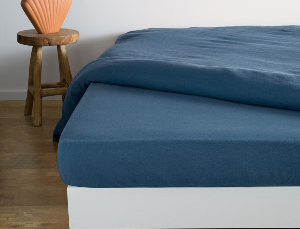 Drap housse percale de coton bleu prusse uni bleu 140 x 200 cm NEO