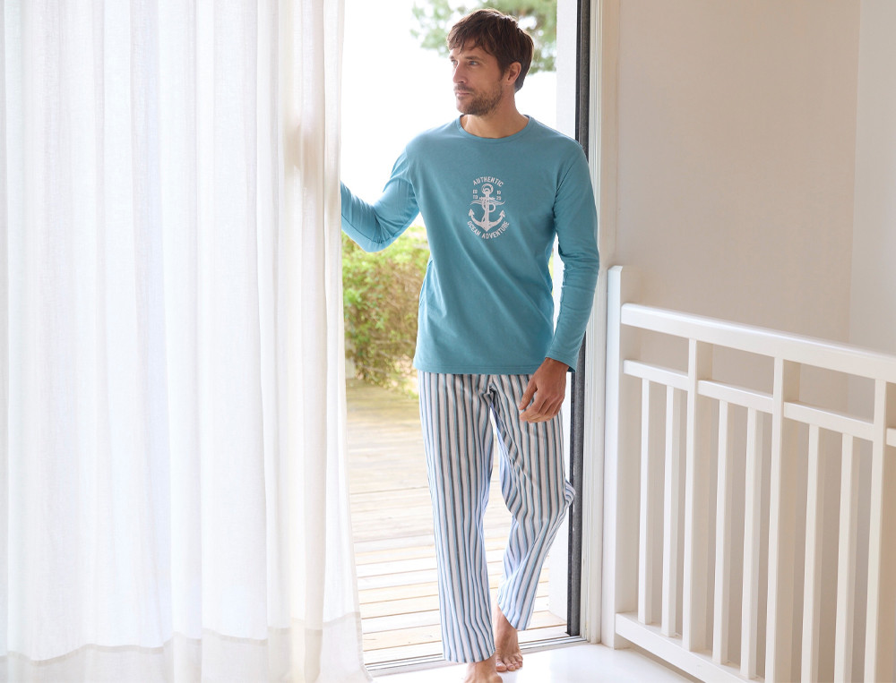 Pyjama long homme Horizon marin Rayures tissé-teint