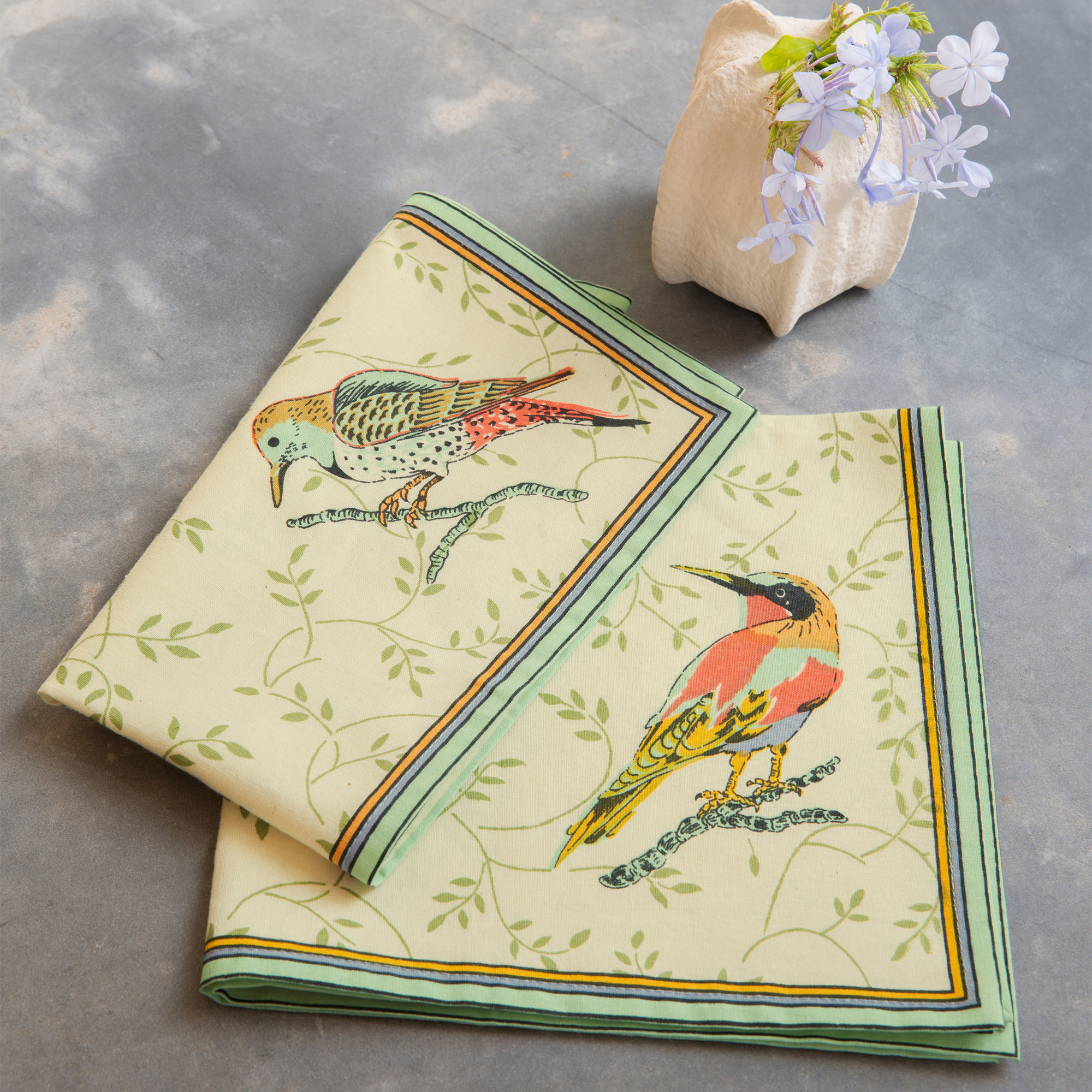 Lot de 2 serviettes de table Becs sucrés Imprimé placé avec fleurs et oiseaux multicolores